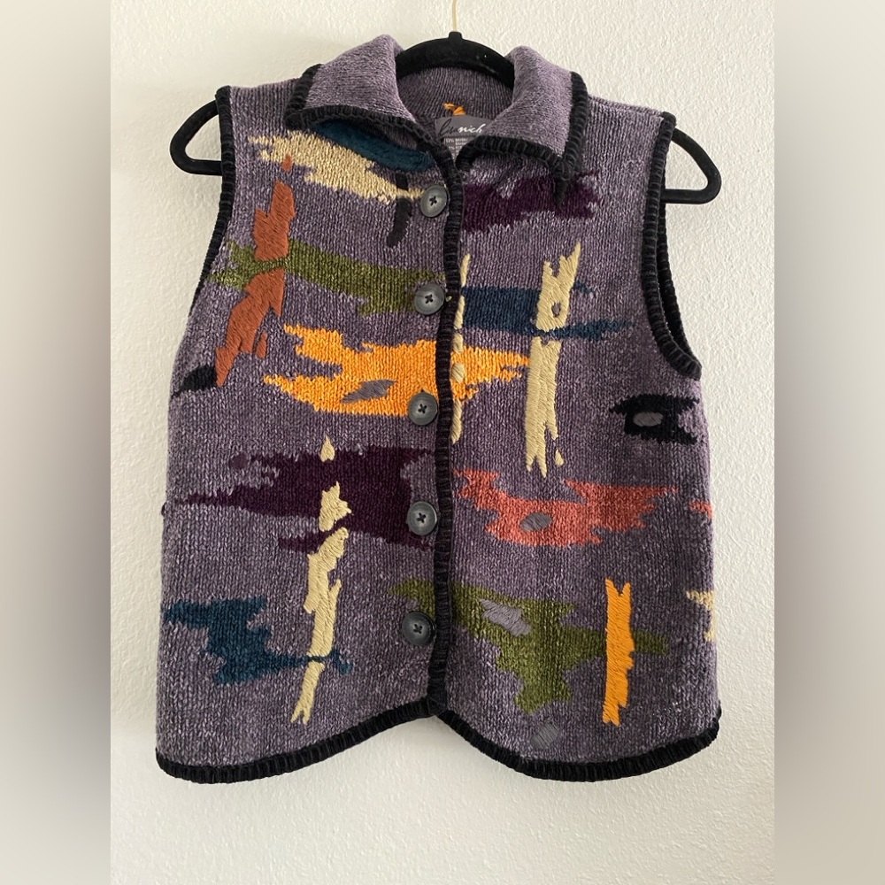 Vintage Lisa Nichols Sweater Vest Artsy Boho Hippie Abstract Preppy